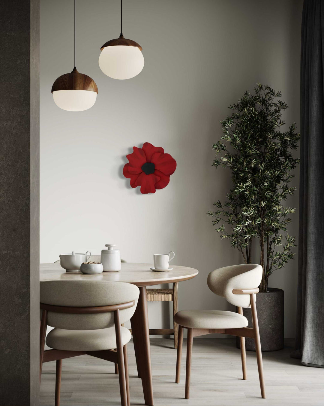 Handcrafted wooden flower door decor with red Anemone-inspired design, mounted in a modern dining area with neutral tones and natural light.