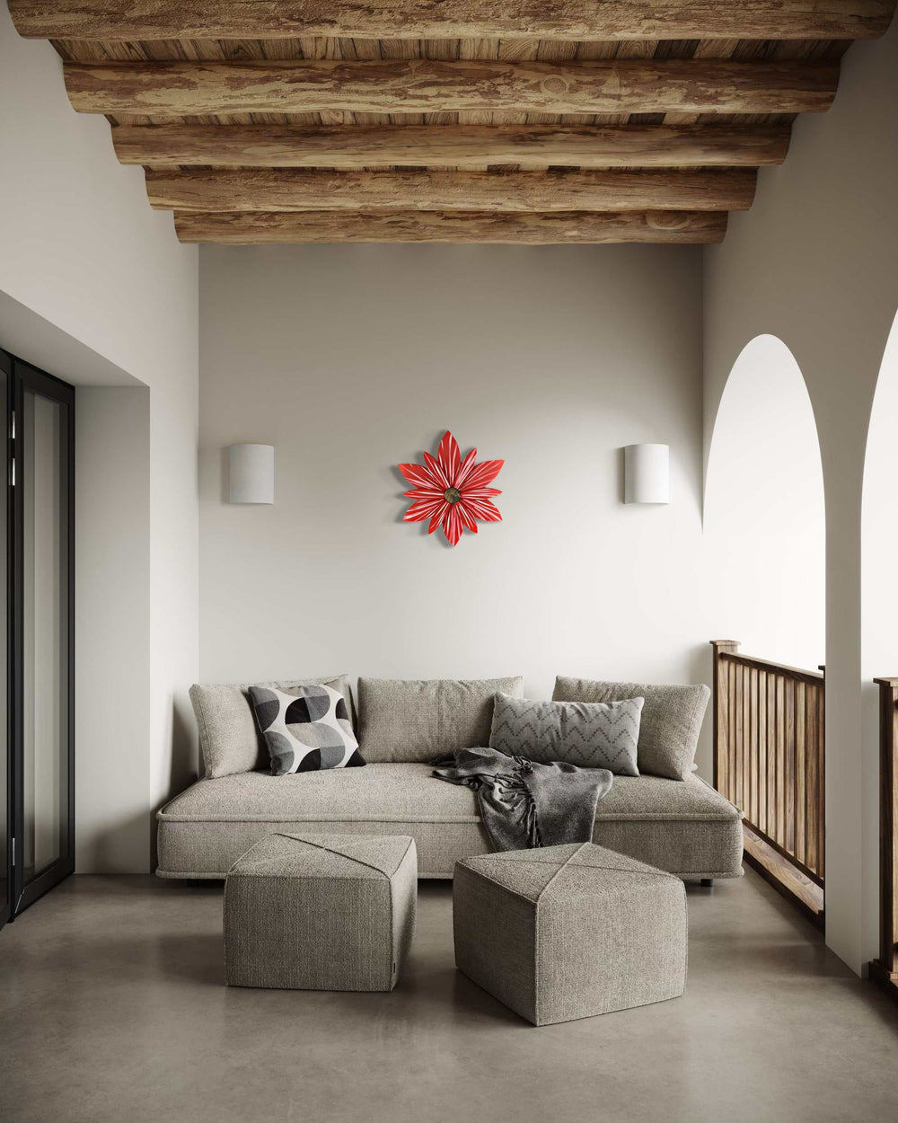 Heritage red wooden flower door decoration adding charm and sophistication to a modern living space.