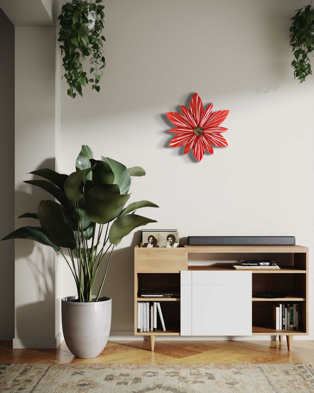 Heritage red wooden flower door decoration enhancing a modern living room wall with charm and sophistication.