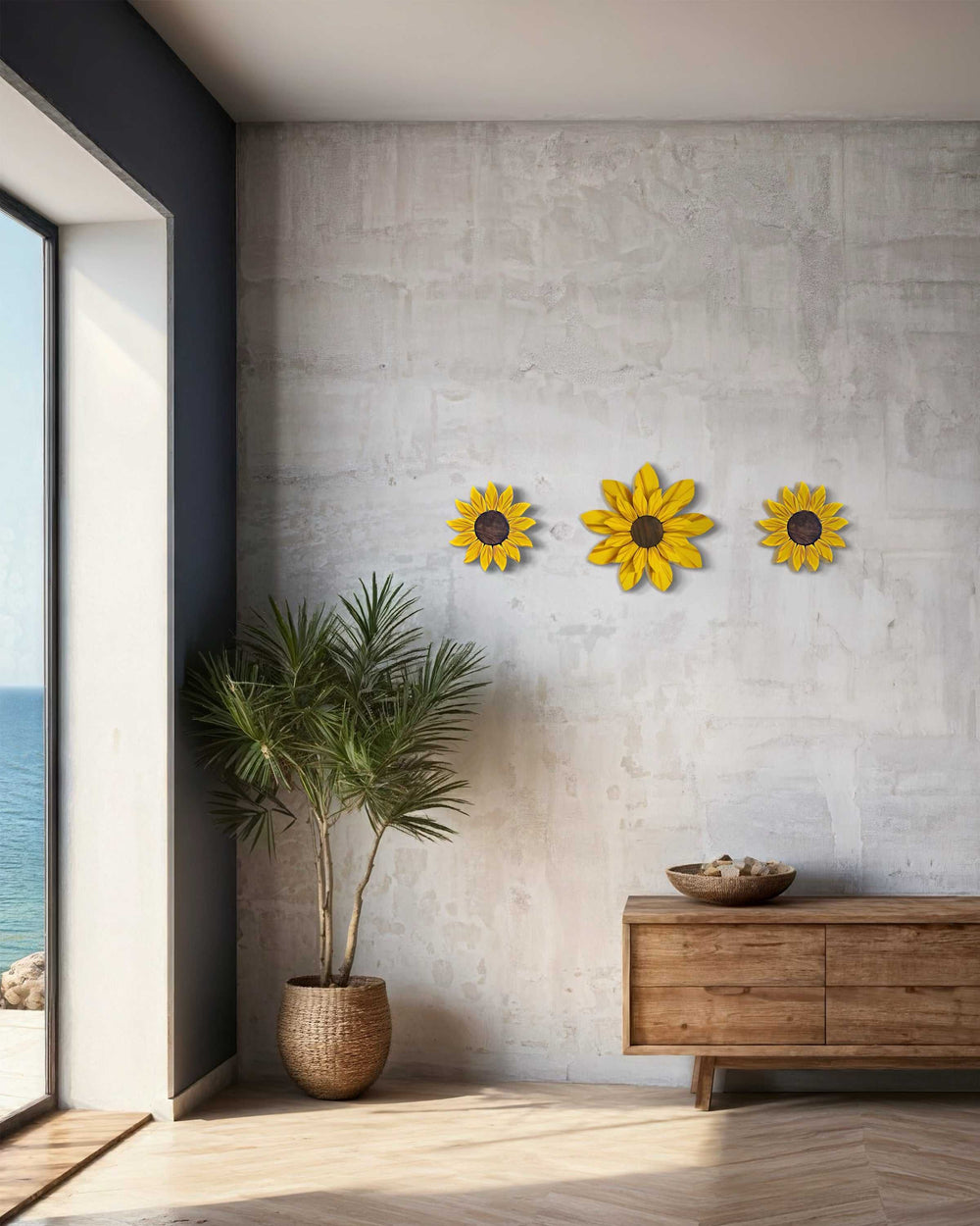 Handcrafted wooden sunflower front door decoration in a modern living space.