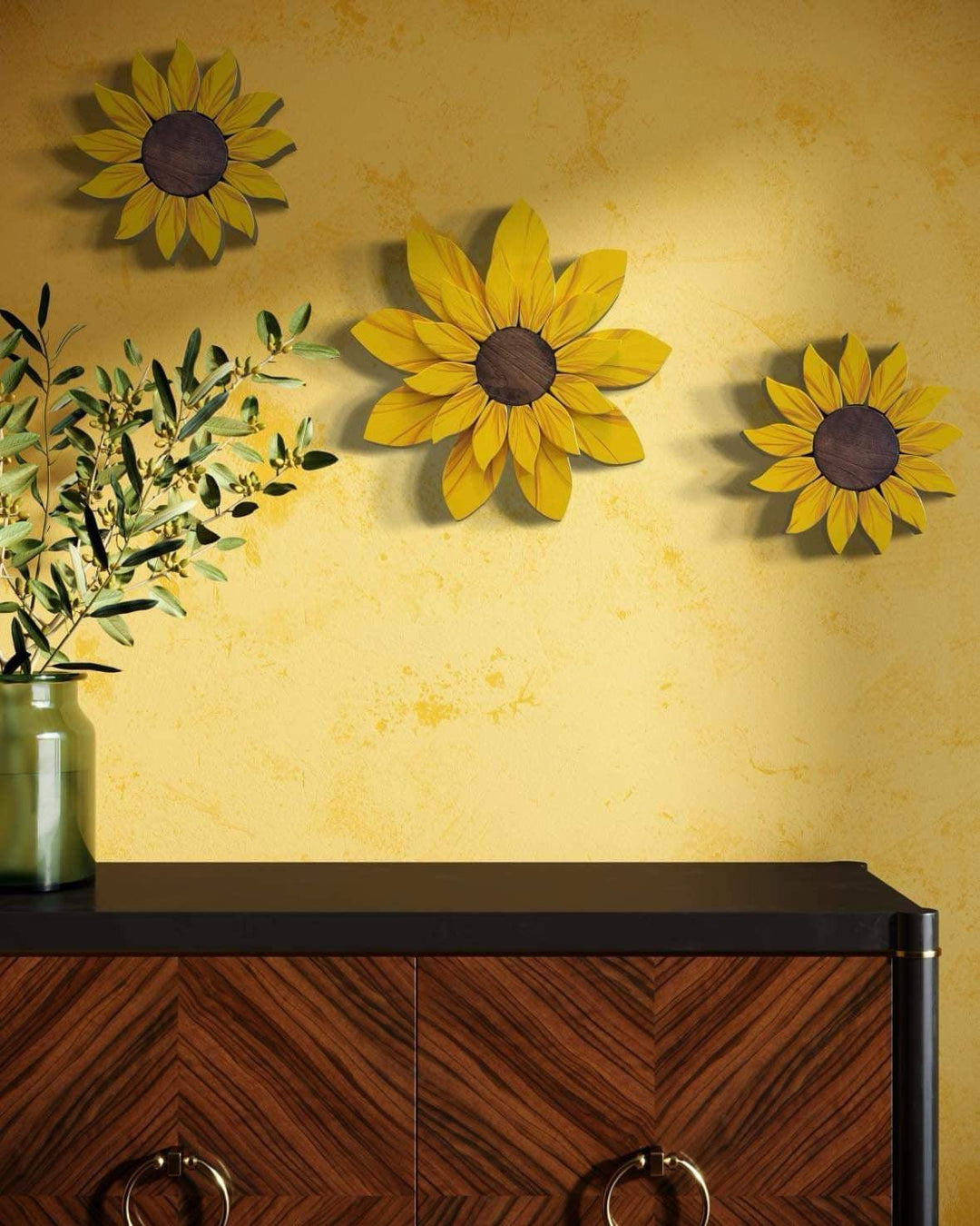 Handcrafted wooden sunflower front door decoration, weather-resistant and available in multiple sizes.