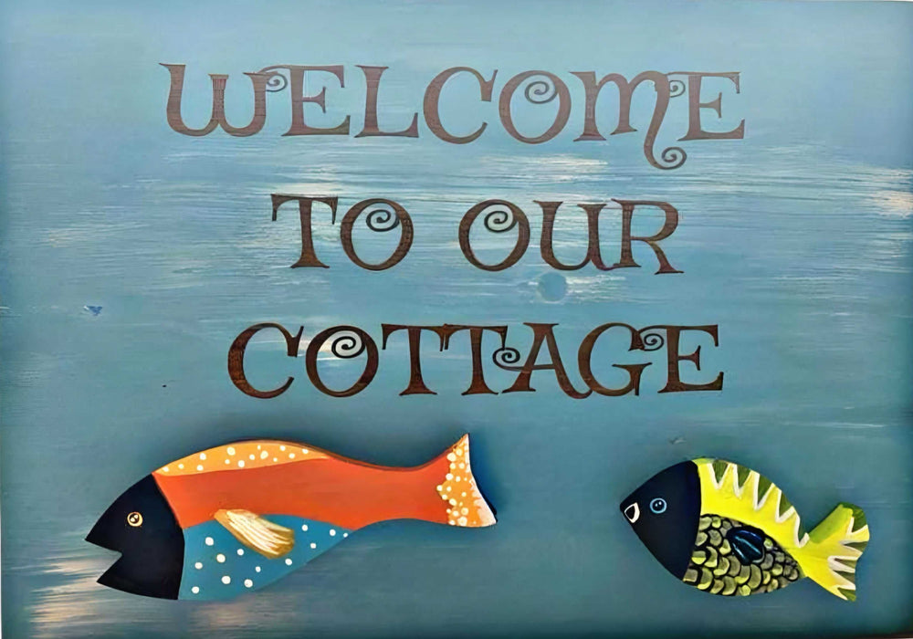 Country-style folk art sign with colorful fish and flower motif, 16 x 11.25 inches, perfect for cottage decor.