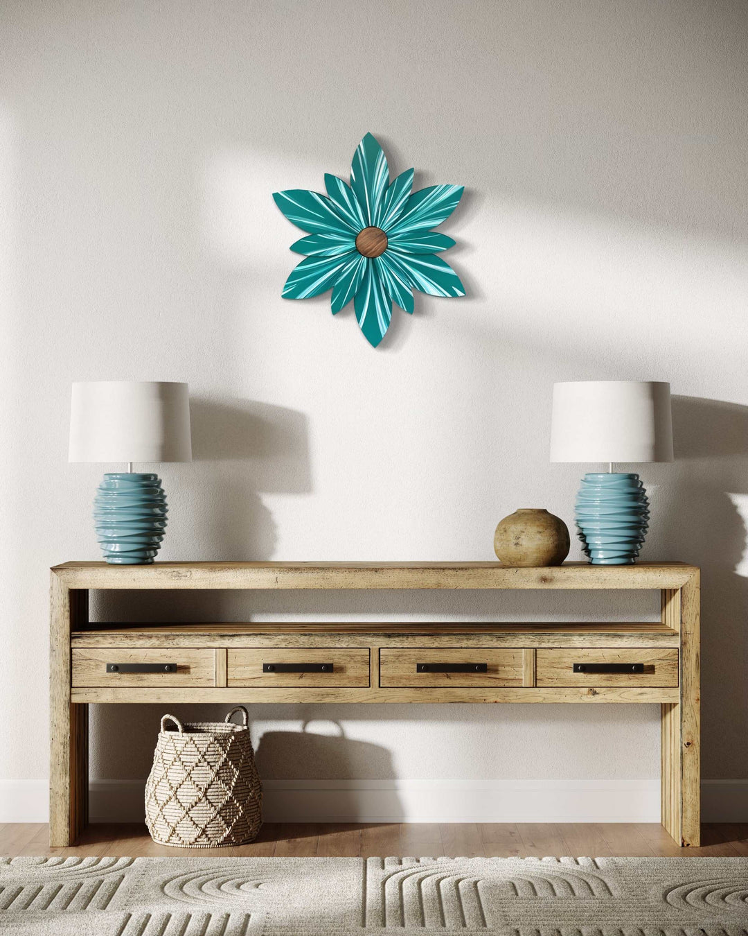 Juniper Green Wooden Flower door decoration with vibrant blue undertones on a wall above a console table, enhancing home decor.