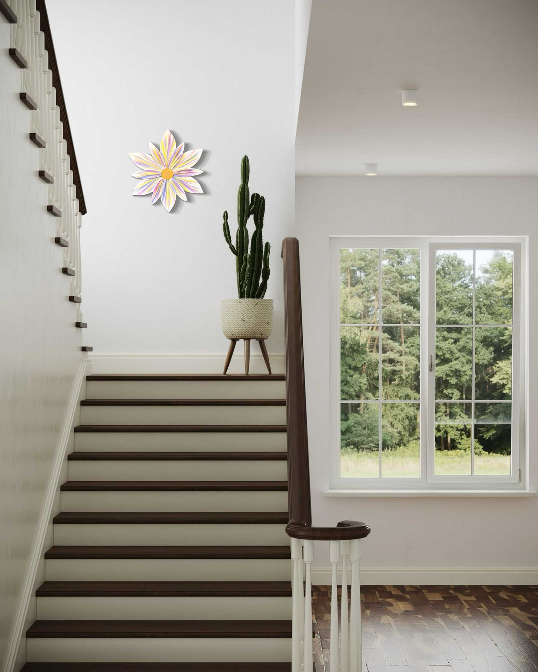 Lavender Lemonade wooden flower art displayed on a wall above stairs, adding vibrant decor.