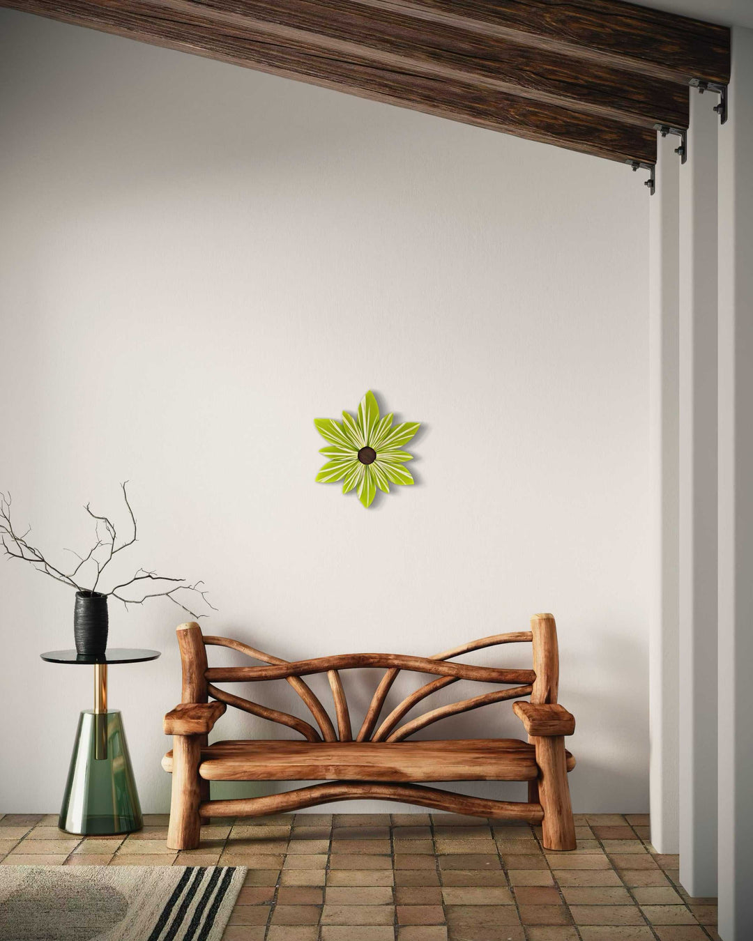 Handcrafted lime wood flower art from pine displayed on wall, painted with Benjamin Moore Aura paints, suitable for indoor and outdoor decor.