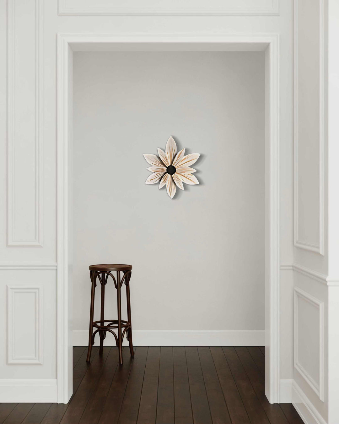 Luxury handcrafted wooden flower art with Benjamin Moore Aura paint, hanging on a wall inside a doorway.