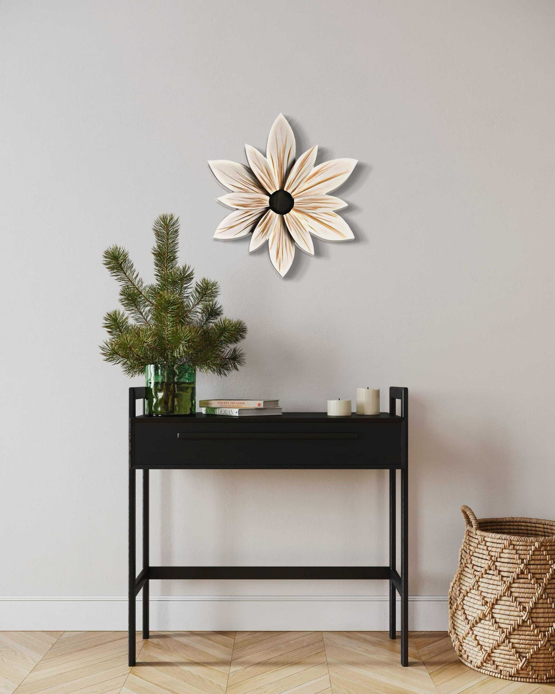 Handcrafted wooden flower art with Benjamin Moore Aura paint, 22x22 inches, hung above a black console table.