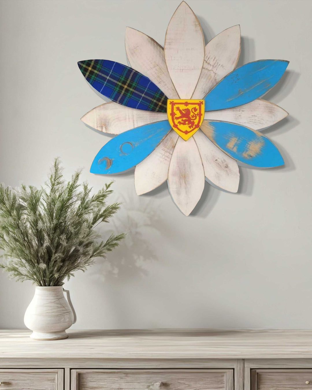 Nova Scotia Wooden Flower, handcrafted pine art piece with vintage look, representing Nova Scotia's regions, 24x24 inches.