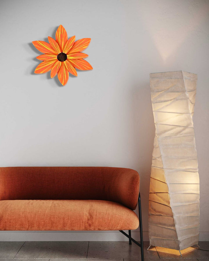 Handcrafted orange sunset wood flower door decoration with yellow streaks, durable and available in three sizes, perfect for enhancing home decor.