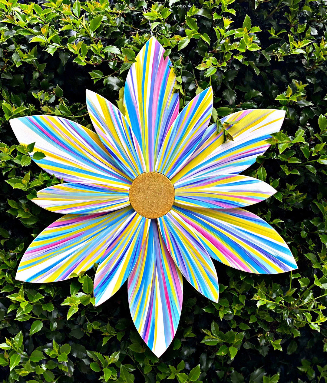 Premium wooden flower art design with colorful petals and gold center, ideal for chic home decor.