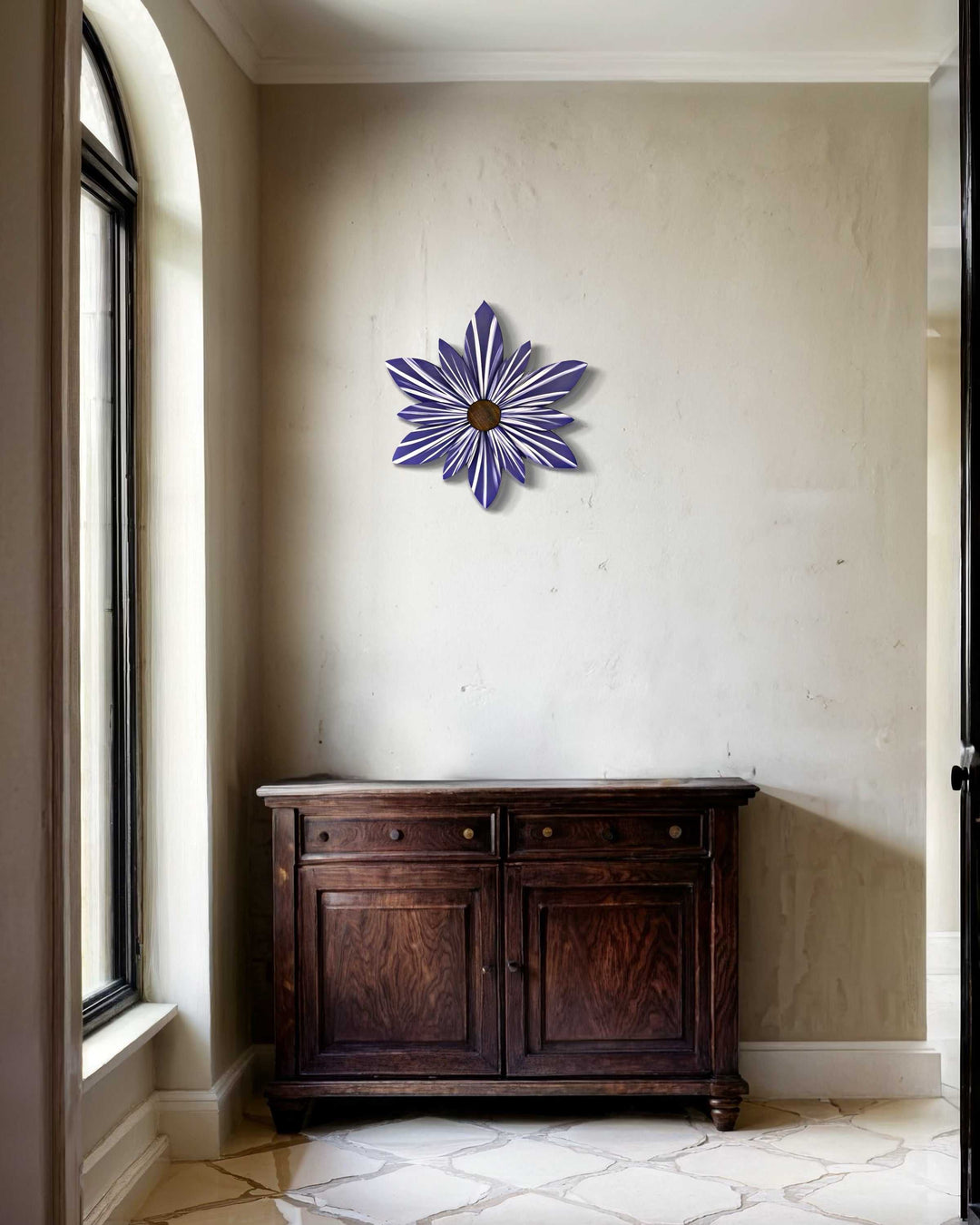 Scandinavian Blue wooden flower wall art with white accents, handcrafted and painted, shown in an interior setting.