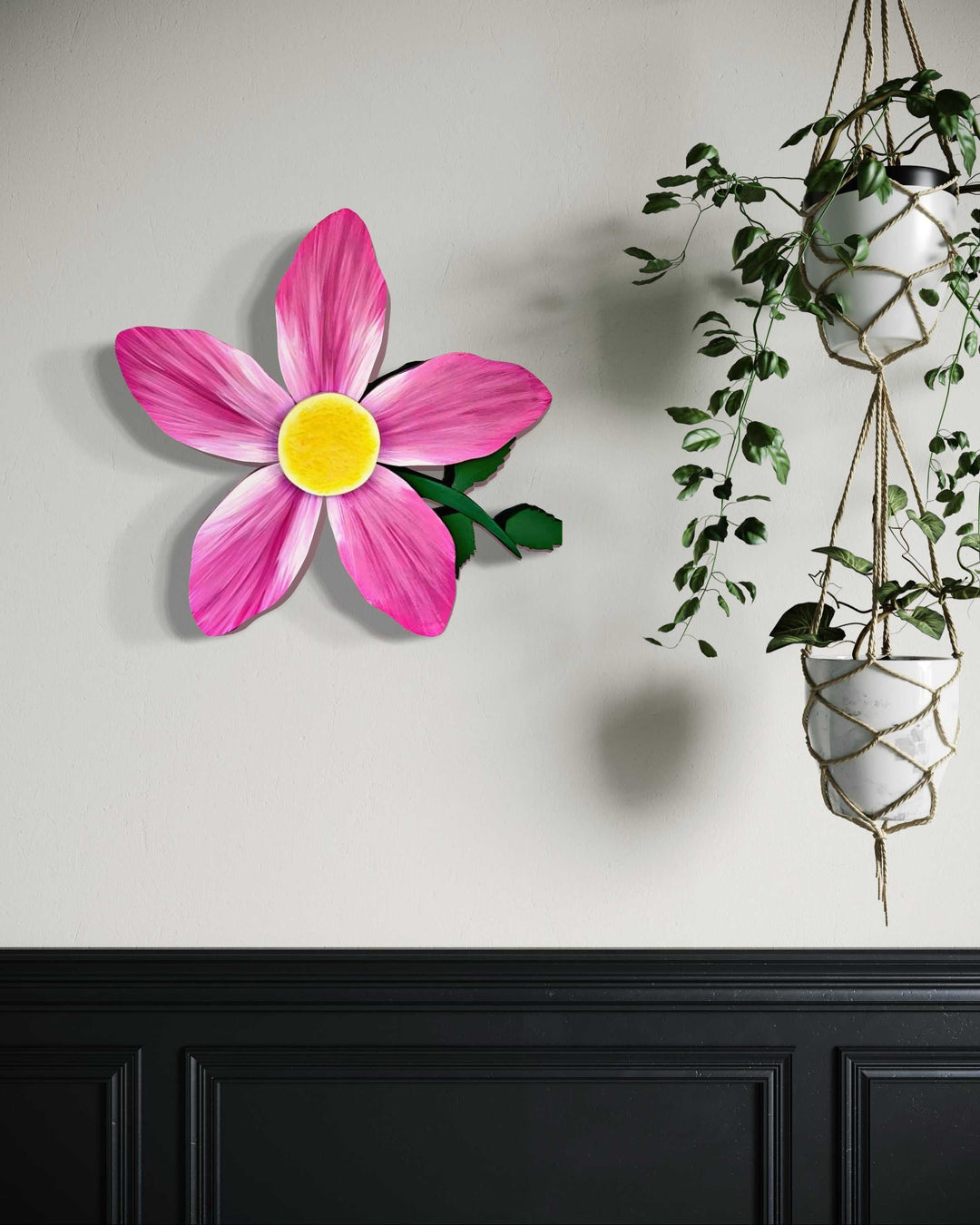 Wooden Alberta Wild Rose door decoration, crafted from pine, painted pink petals with yellow center, indoor and outdoor use, measures 19x19 inches.