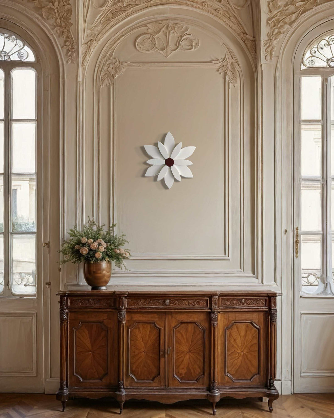 Handcrafted white wooden flower decor with burgundy accent on elegant wall.