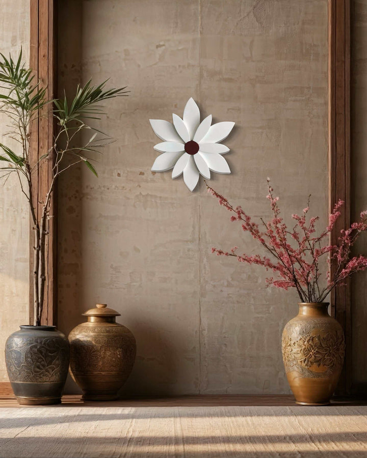 Handcrafted wooden flower with white petals and burgundy accent for indoor and outdoor decor.