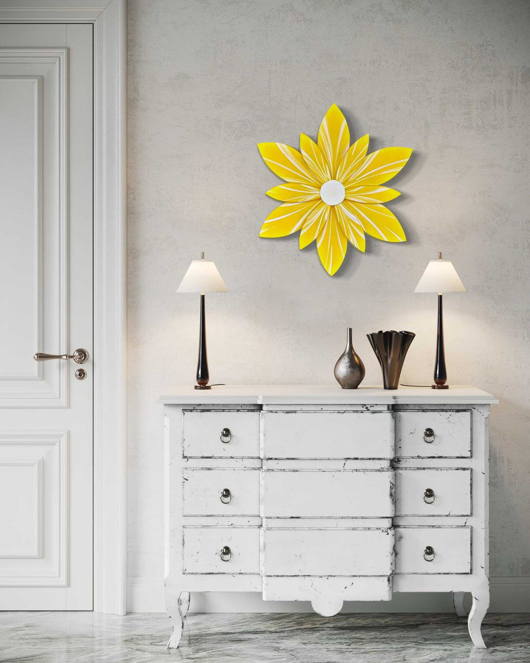 Handcrafted yellow wooden flower wall decor.