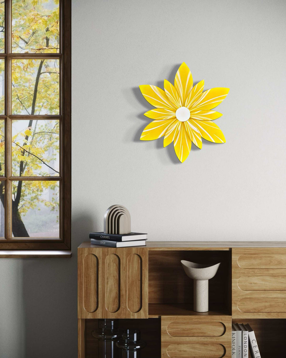 Bright yellow wooden flower wall decor in living room.