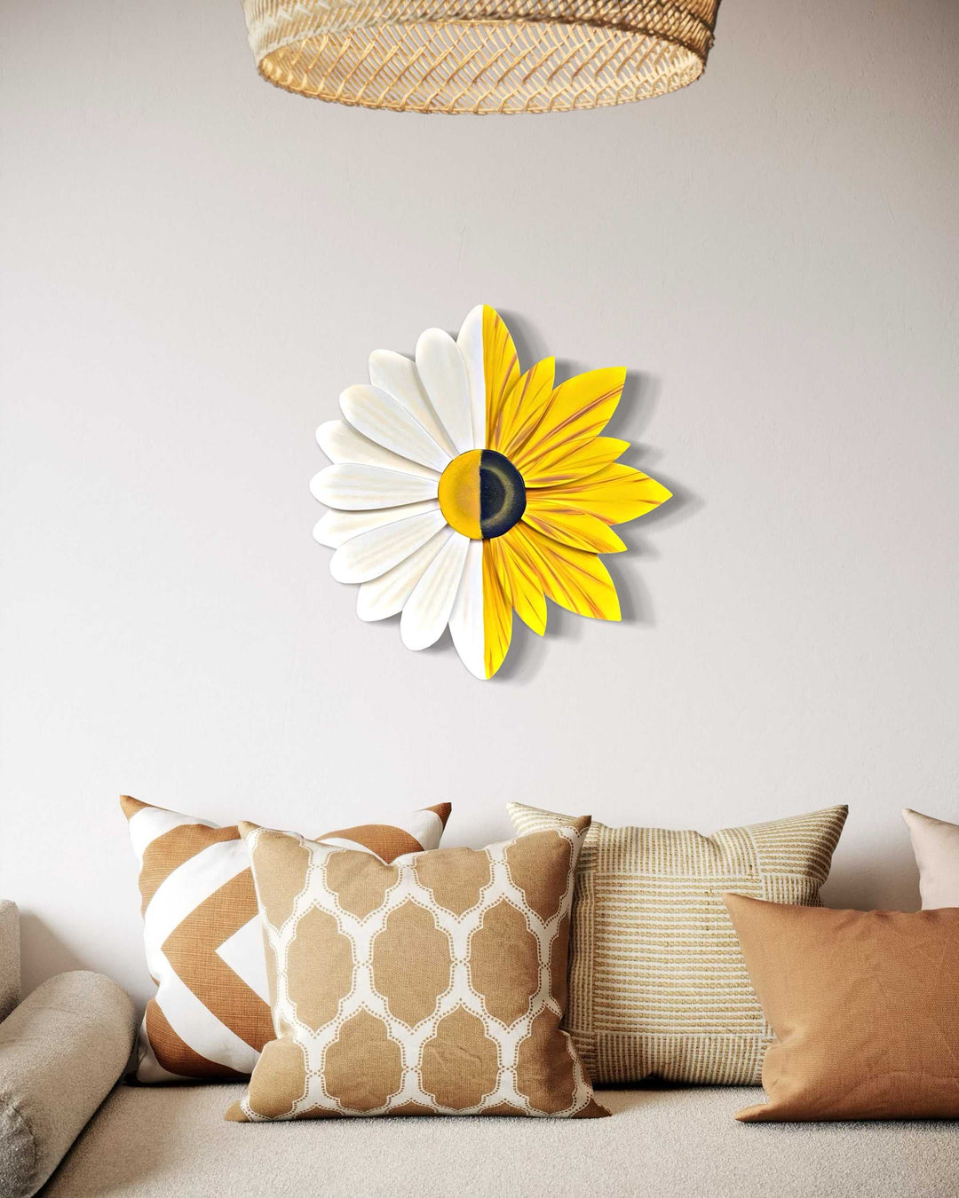 Sunflower and Daisy Fusion wall art displayed above a cozy sofa with decorative pillows.