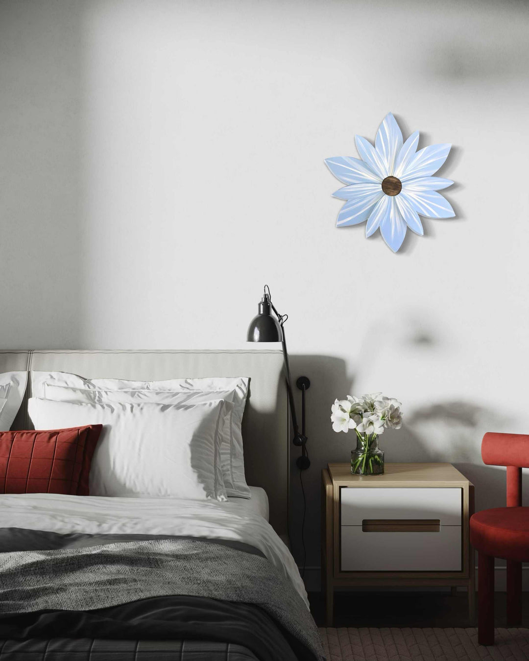 Costa Rica Blue Wood Flower door decoration hanging in a bedroom.