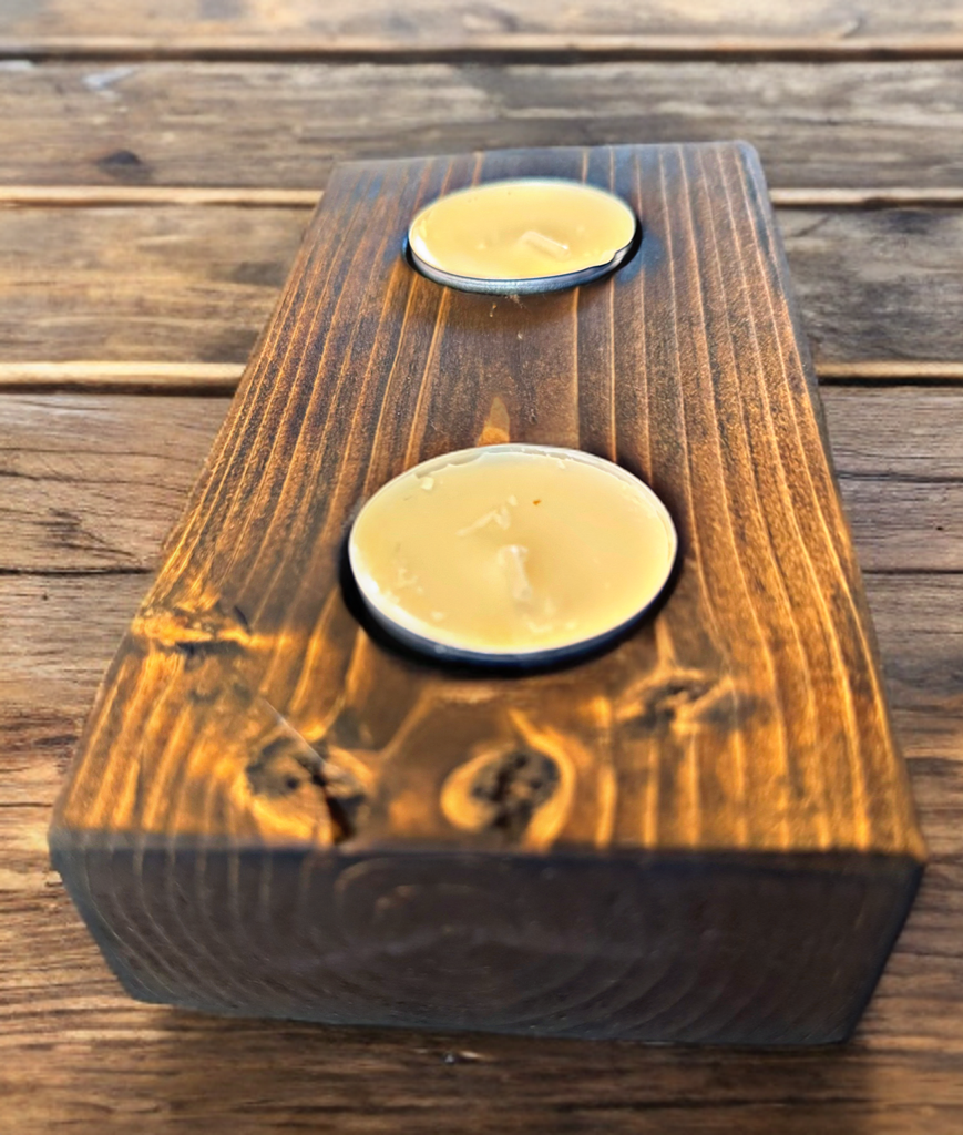 Handcrafted wooden tea light holder, unique home décor accessory.