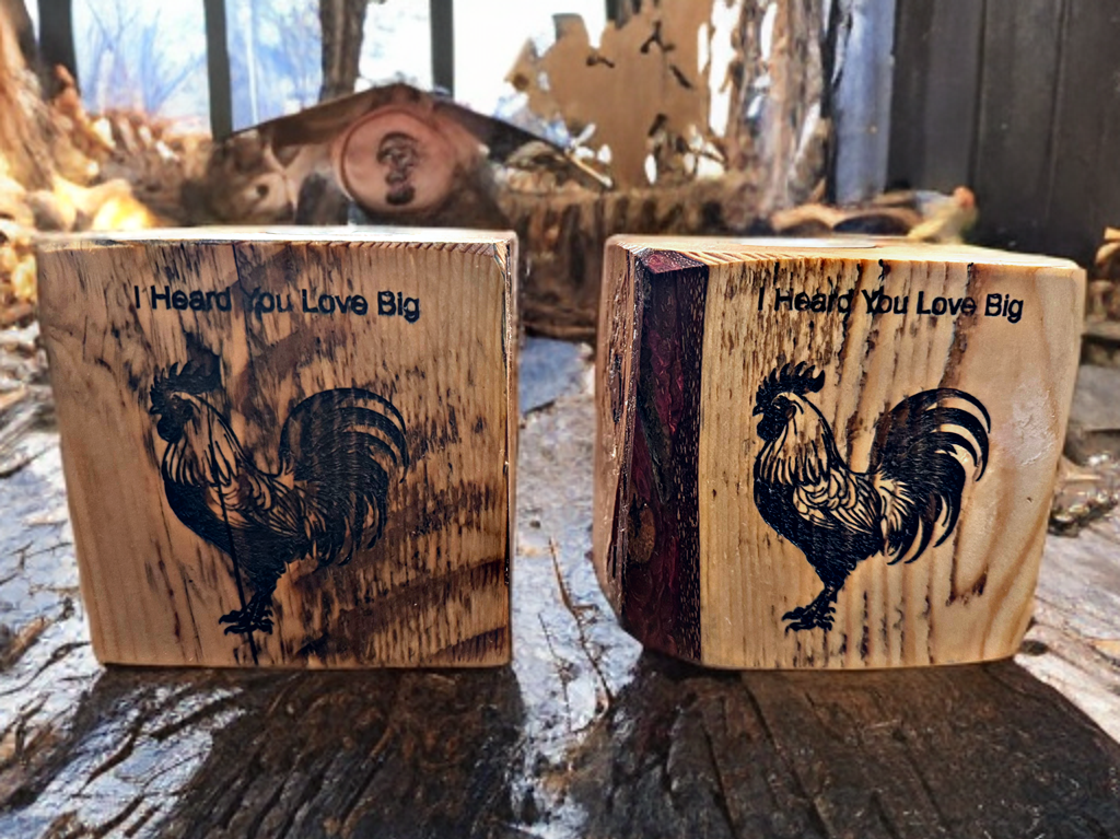 Quirky chicken-themed tea light holders with "I Heard You Love Big" text, rustic wooden finish.