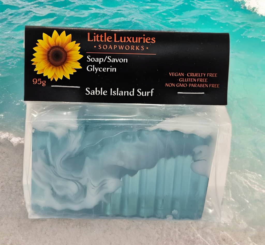 Glycerin soap bar with Sable Island Surf scent, vegan and paraben-free, 95g.