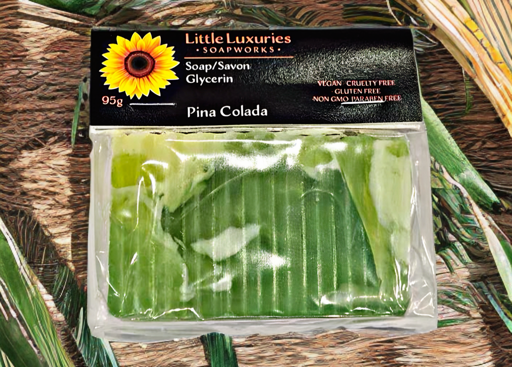 Glycerin soap bar, Pina Colada scent, 95g, vegan, cruelty-free, gluten-free, non-GMO, paraben-free, Little Luxuries.