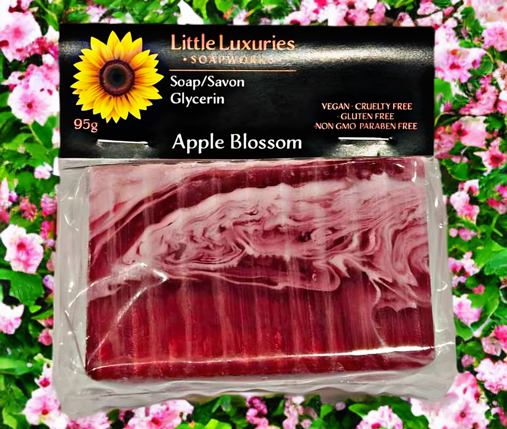 Apple Blossom glycerin soap bar, 95g, vegan and paraben-free, artisanal and moisturizing, against floral background.