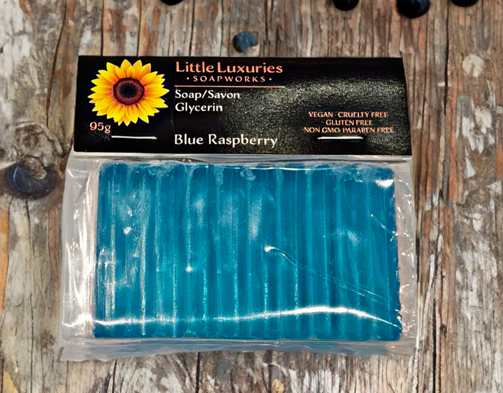 Blue raspberry glycerin soap bar from Little Luxuries Soapworks, 95g, vegan, cruelty-free, gluten-free, non-GMO, paraben-free.