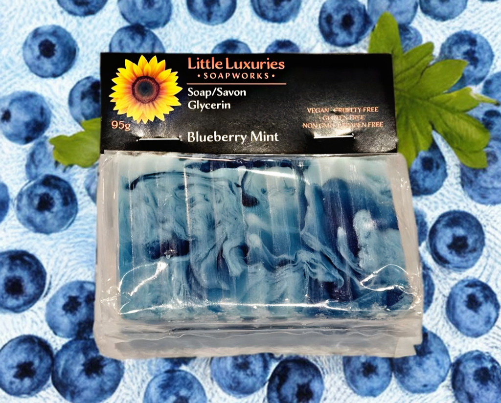 Blueberry Mint Glycerin Soap Bar - Hand-Poured 95g Artisan Moisturizing Soap, Paraben-Free, Made in Canada.