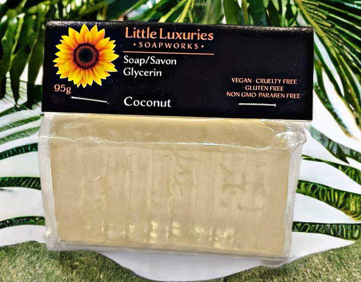 Glycerin soap bar with coconut fragrance, 95g, vegan, cruelty-free, gluten-free, non-GMO, paraben-free.