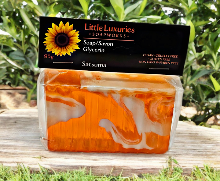 Orange glycerin soap bar with white swirls, 95g, Satsuma scent, vegan and paraben-free.