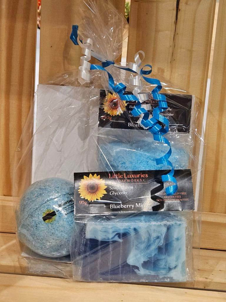 All-in-One Soap, Bath Bomb, and Bubble Salts Gift Set with Blueberry Mint Scent in Elegant Packaging