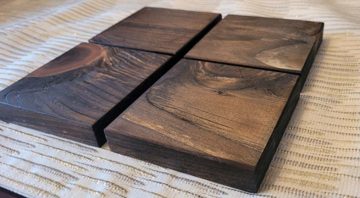 Set of 4 handcrafted rustic wood coasters made from sustainable pine wood, finished with eco-friendly Tung oil.