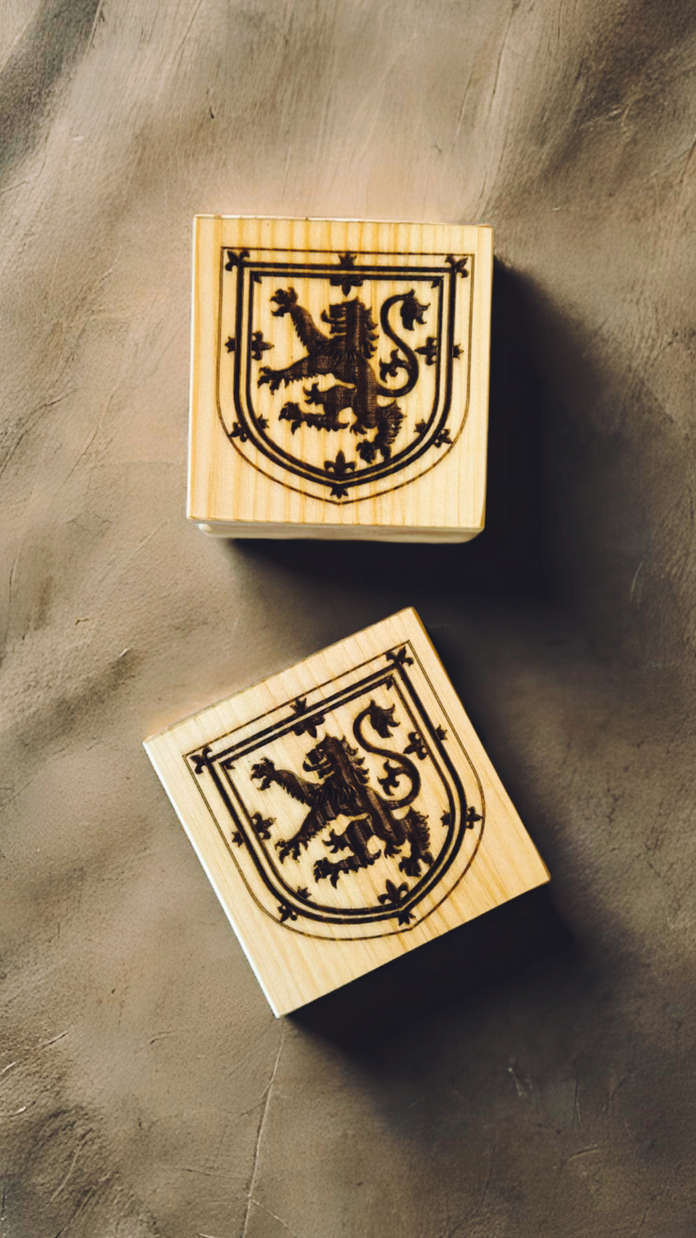 Handcrafted Nova Scotia wood coasters with laser-engraved Coat of Arms design.