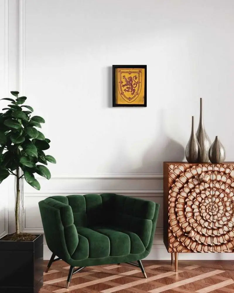 Green velvet mid-century armchair with gold legs and Nova Scotia coat of arms