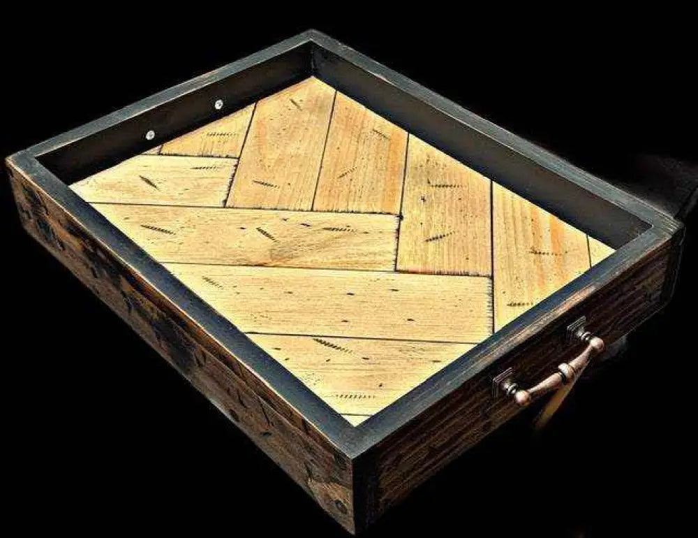 Antiqued Herringbone Wood Tray with Feet Rustic Home Decor