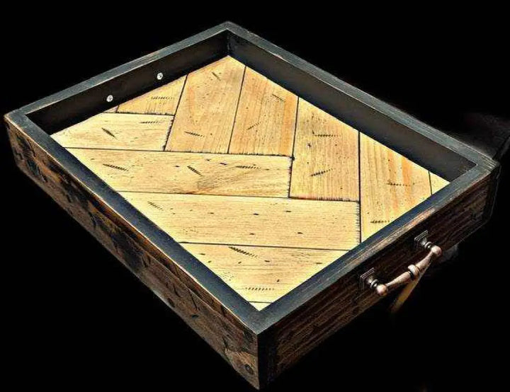 Antiqued Herringbone Wood Tray with Feet Rustic Home Decor