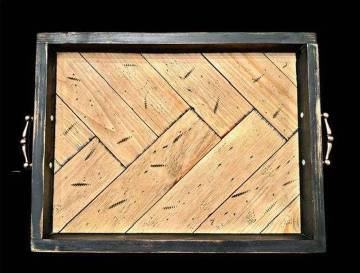 Antiqued Herringbone Wood Tray with Feet Rustic Home Decor