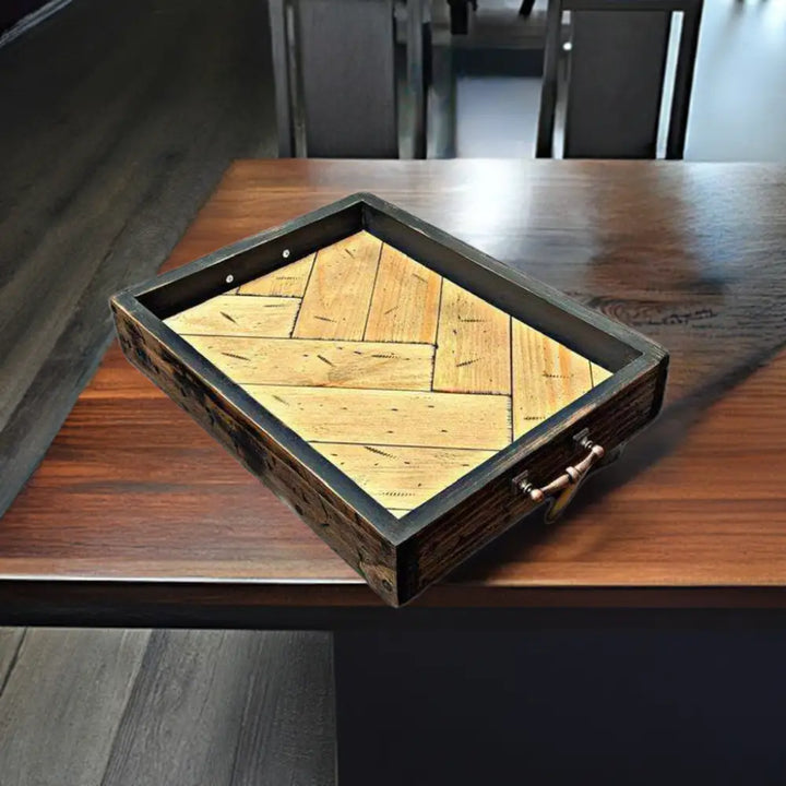 Antiqued Herringbone Wood Tray with Feet Rustic Home Decor