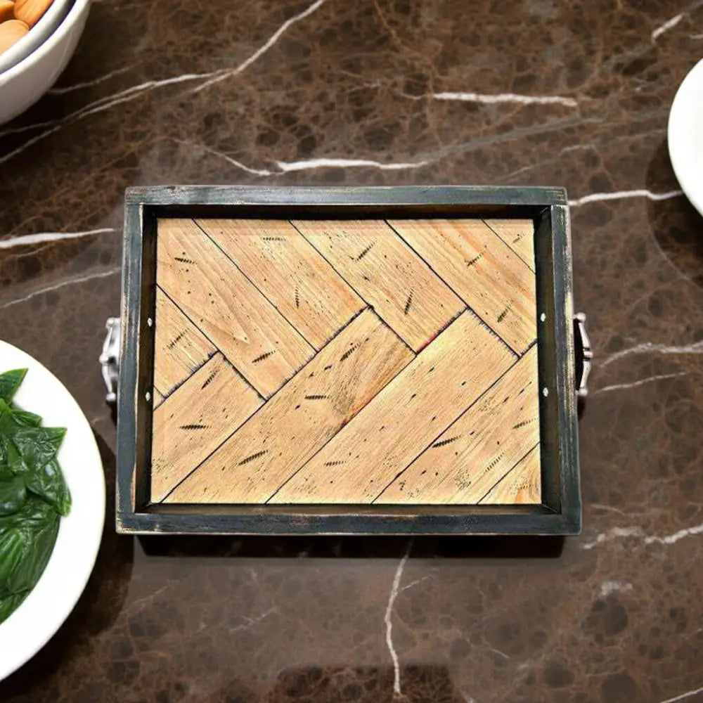 Antiqued Herringbone Wood Tray with Feet Rustic Home Decor