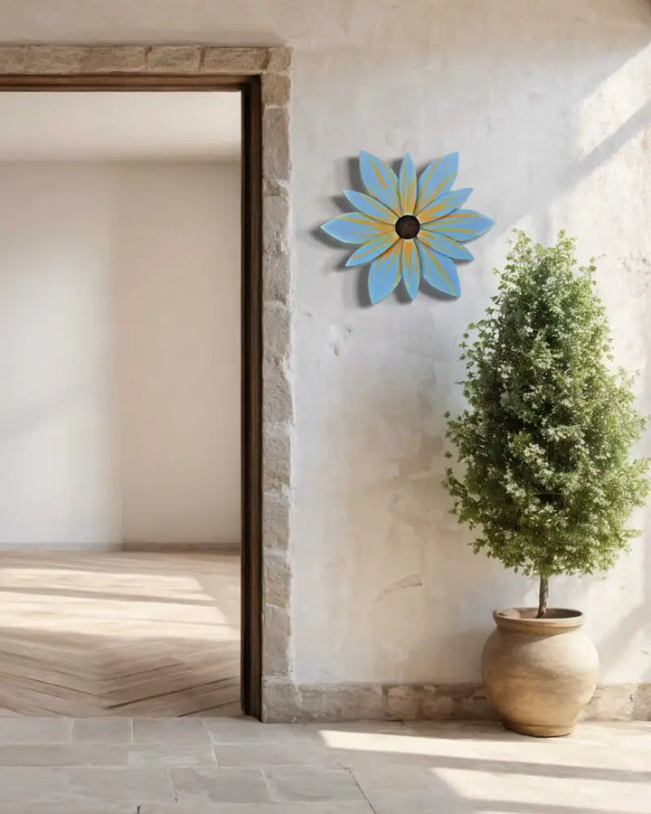 Handcrafted pine wood flower wall art in ocean hues, 22 inches, Nova Scotia.