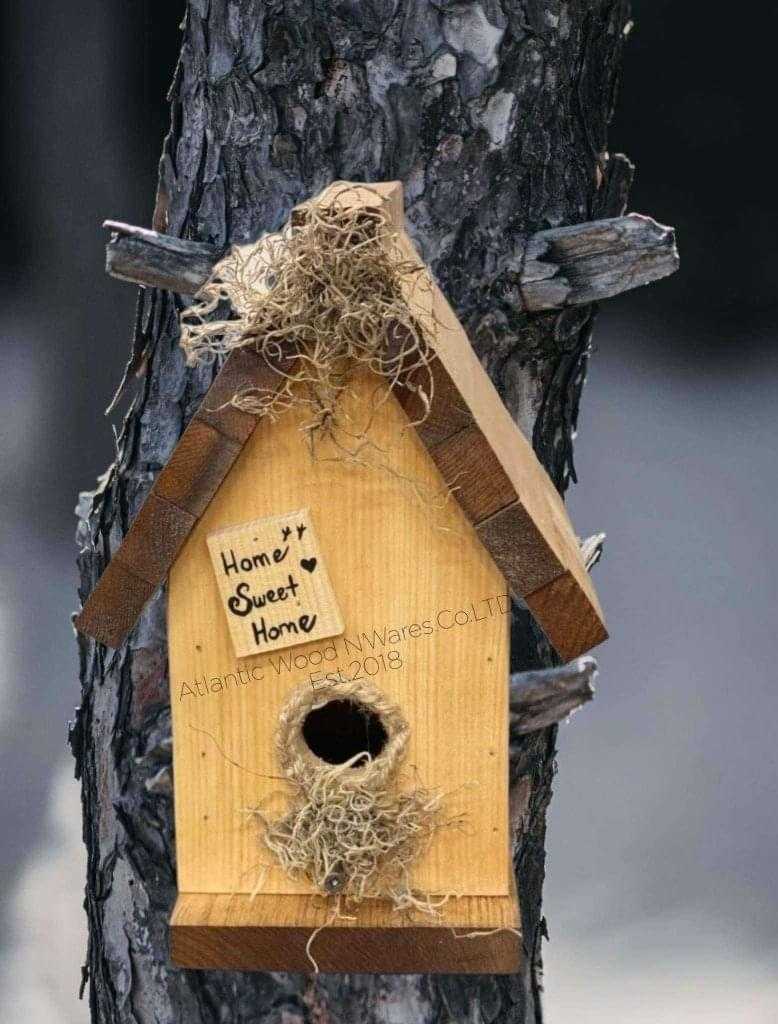 Handcrafted pine birdhouse with "Home Sweet Home" sign, custom colors, suitable for outdoor or indoor use.