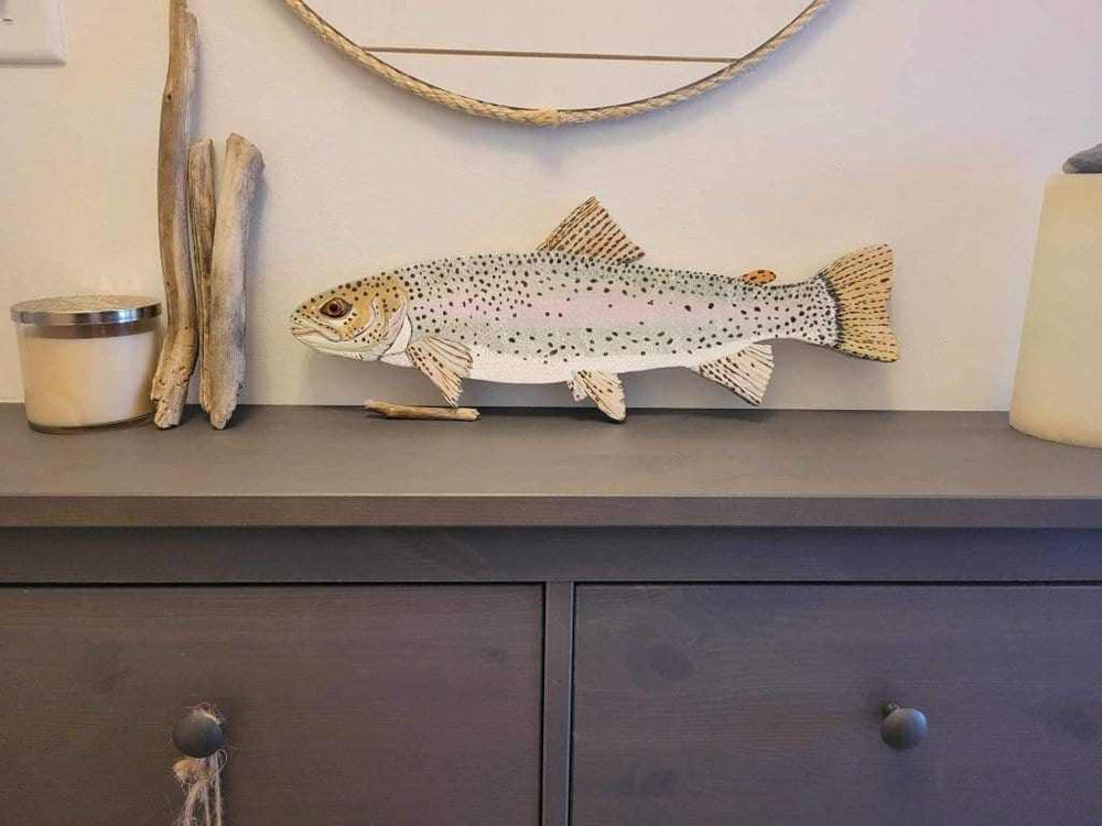 Hand-painted wooden rainbow trout wall art on pine wood, vibrant colors, 20 inches long.