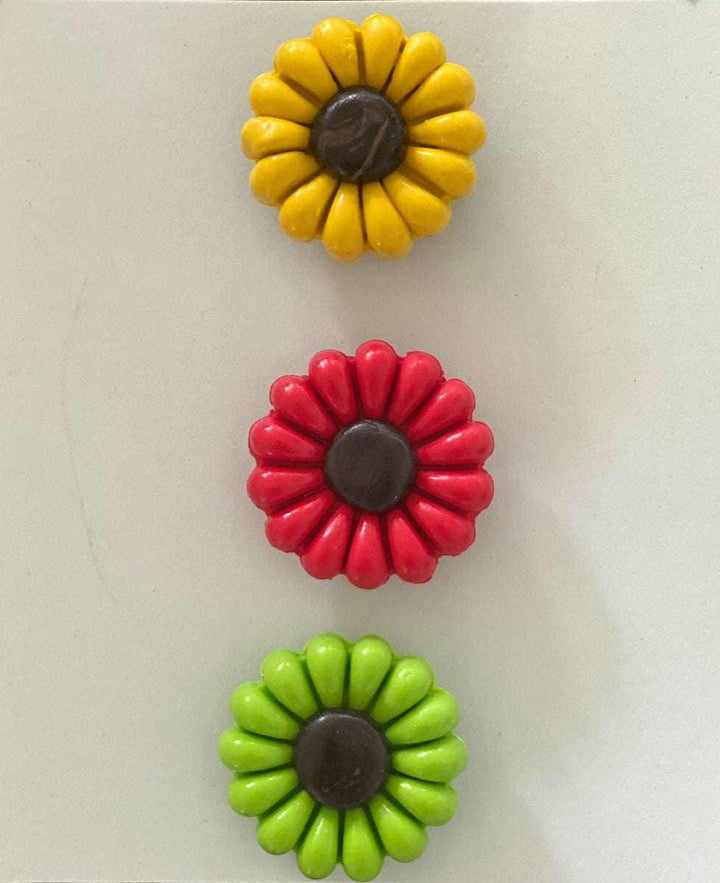Polyclay Daisy Fridge Magnets in yellow, red, and green, supporting IWK Foundation.