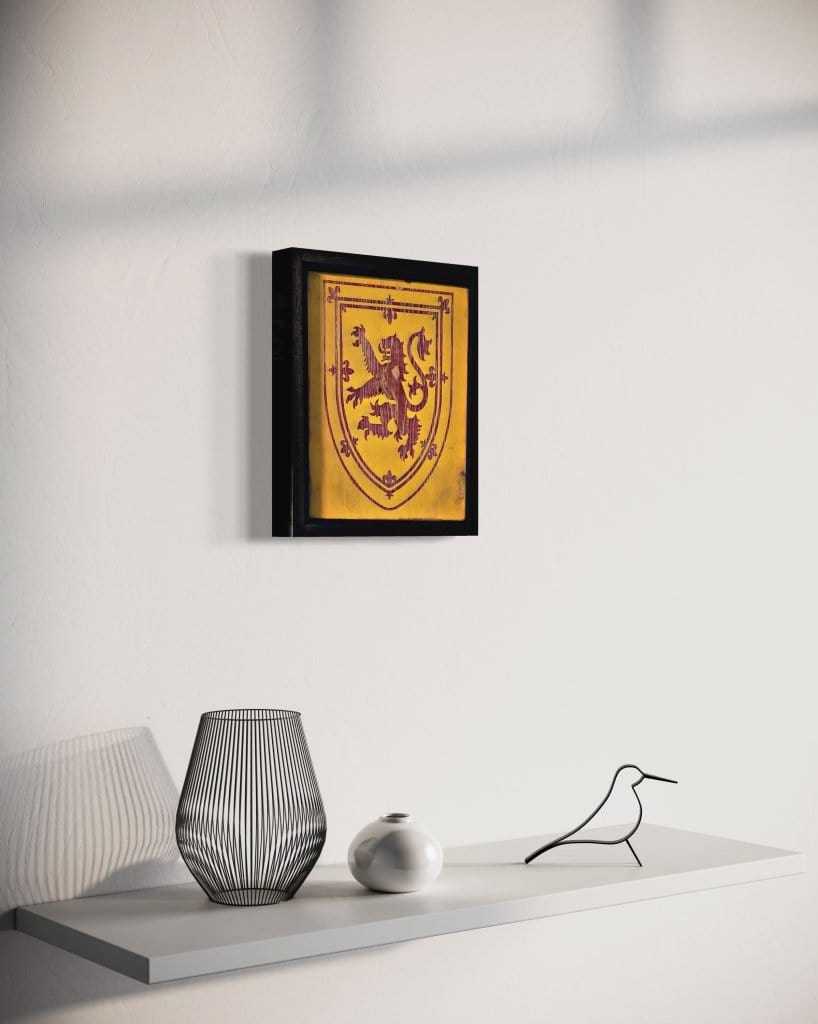 Laser engraved and hand-painted Nova Scotia Coat of Arms artwork on wall.