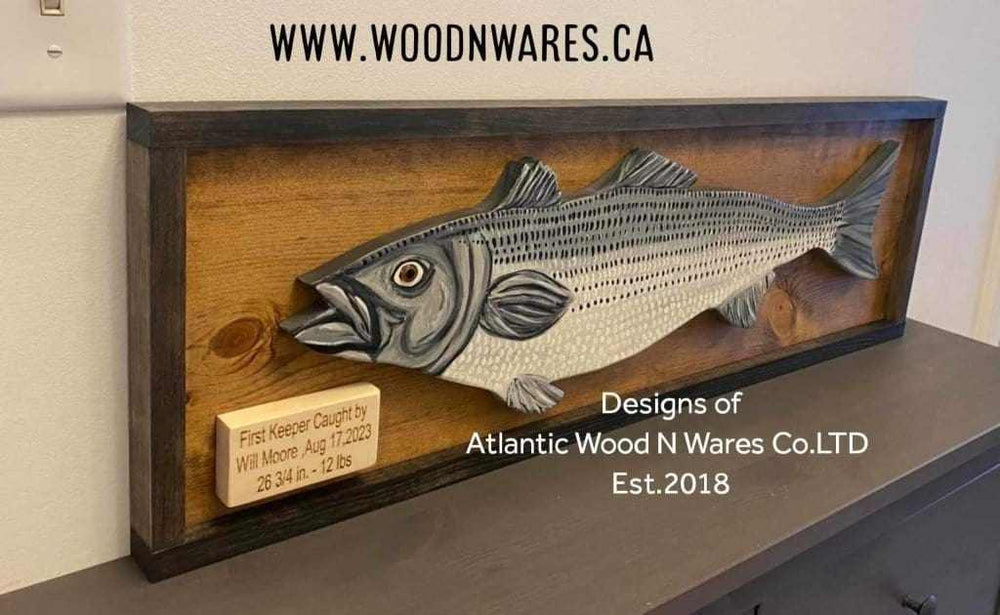 Personalized striped bass wall art with rustic pine wood frame, featuring realistic fish painting and engraved plaque for fishing enthusiasts.