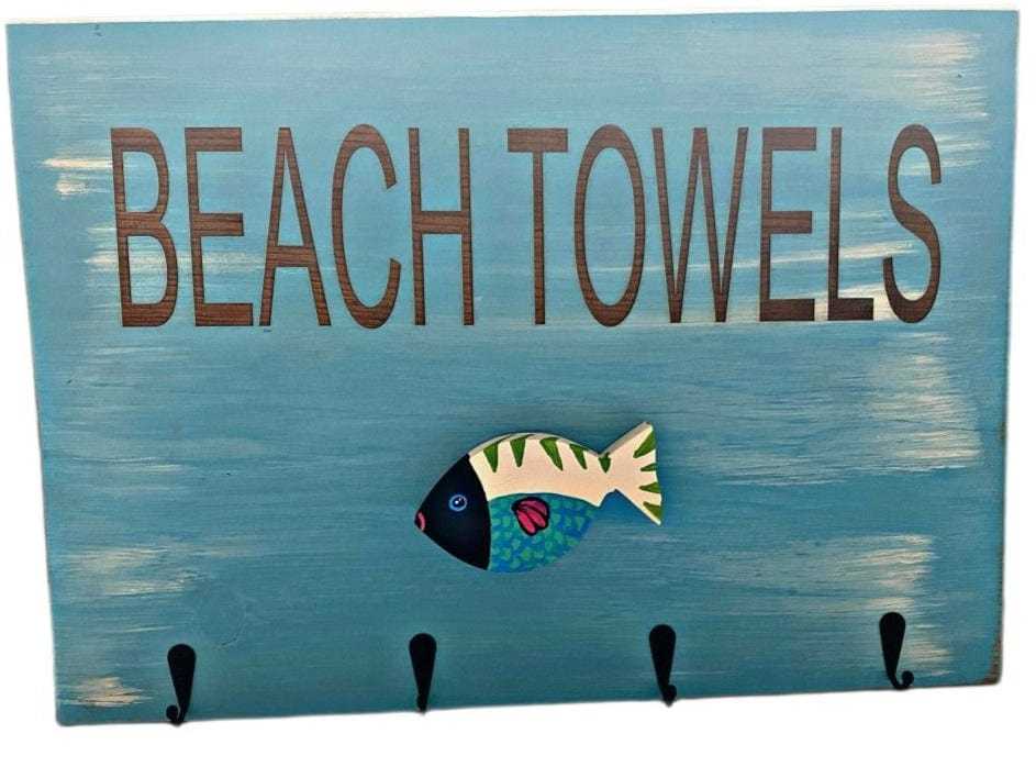 Atlantic Wood N Wares Home Decor>Wall Art>Decor>Wall Hangings one fish Beach Towel Holders - Hand-Painted Wooden Fish Hooks beachtowfis02