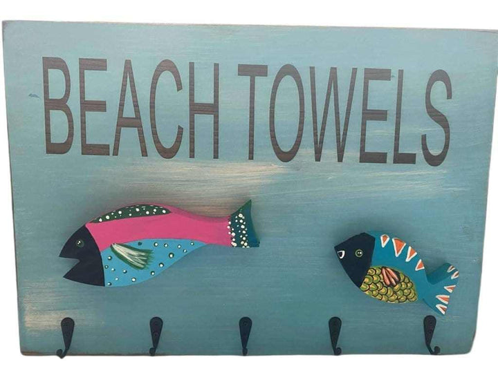 Atlantic Wood N Wares Home Decor>Wall Art>Decor>Wall Hangings two fish Beach Towel Holders - Hand-Painted Wooden Fish Hooks beachtowfis03