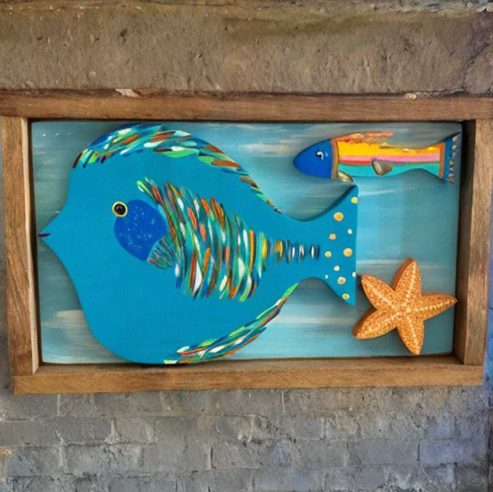 Atlantic Wood N Wares Home Decor>Wall Decor >Decor >Wall Hangings 10.5 inches x 17.5 inches 2 fish & star fish Handmade Framed Folk Art Fish - Colorful and Durable Wall Art Fishart002