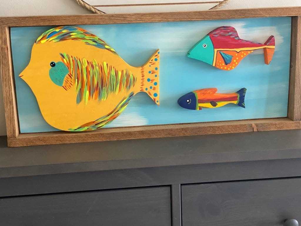 Atlantic Wood N Wares Home Decor>Wall Decor >Decor >Wall Hangings 10.5 inches x 25.5 inches 3 fish Handmade Framed Folk Art Fish - Colorful and Durable Wall Art Fishart003